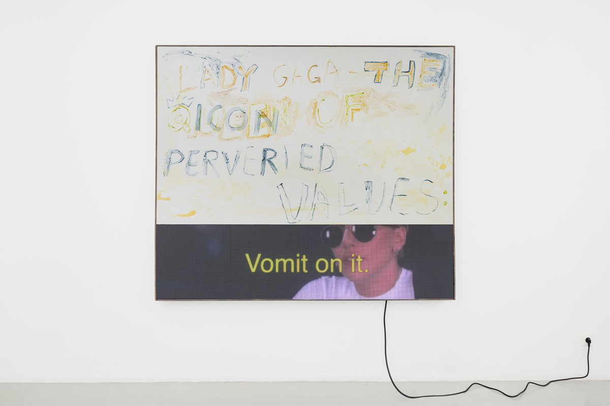 Philipp TimischlIcon of perverted values, 2022Oil and acrylic on canvas, LED Panels, media player, Video170 x 200 cm