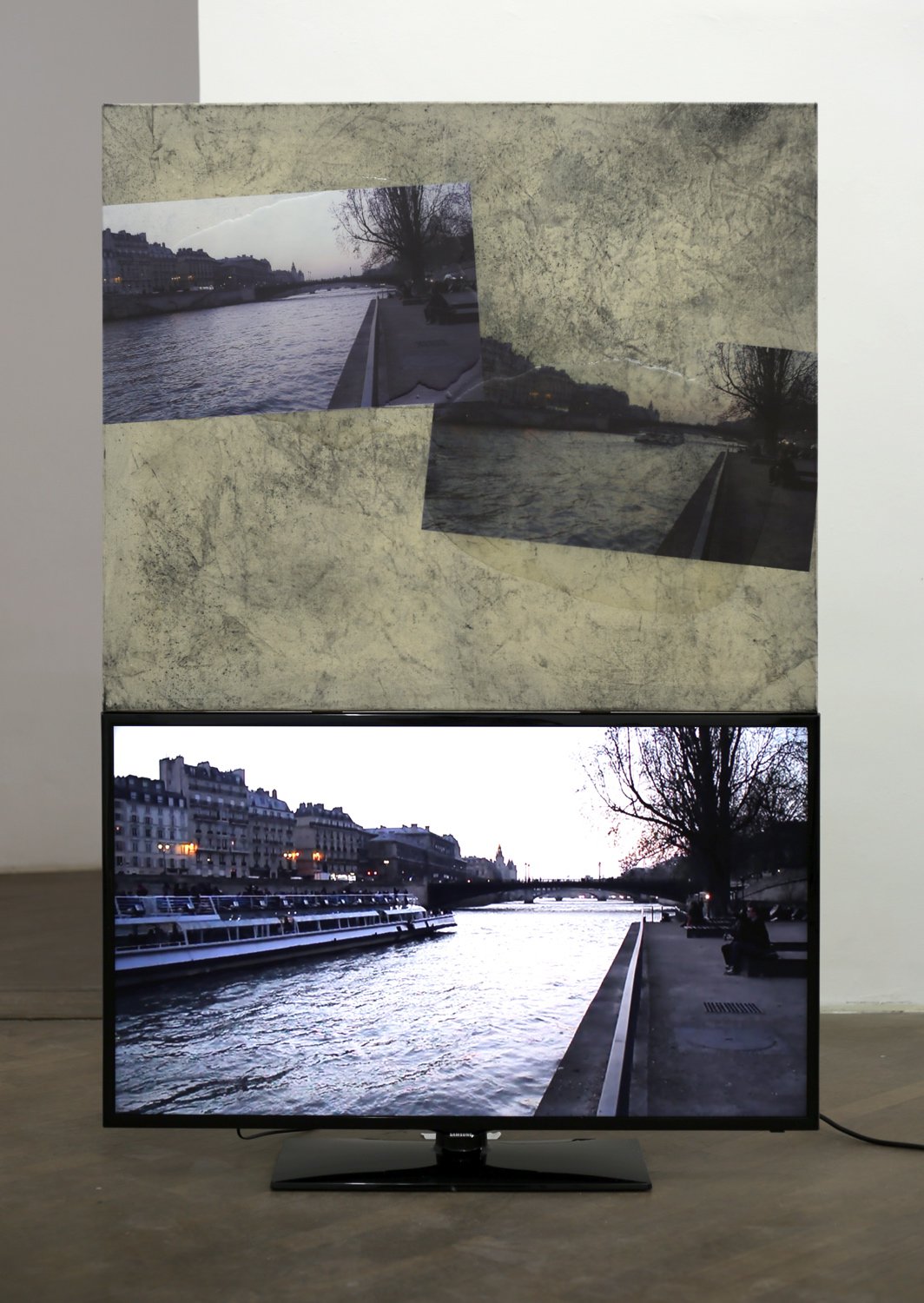 Philipp TimischlYet, The Alternatives on Offer, 2014UV-direct print on epoxy resin on canvas above flatscreen, video 00:02:00 (loop)159 x 105 x 5 cm
